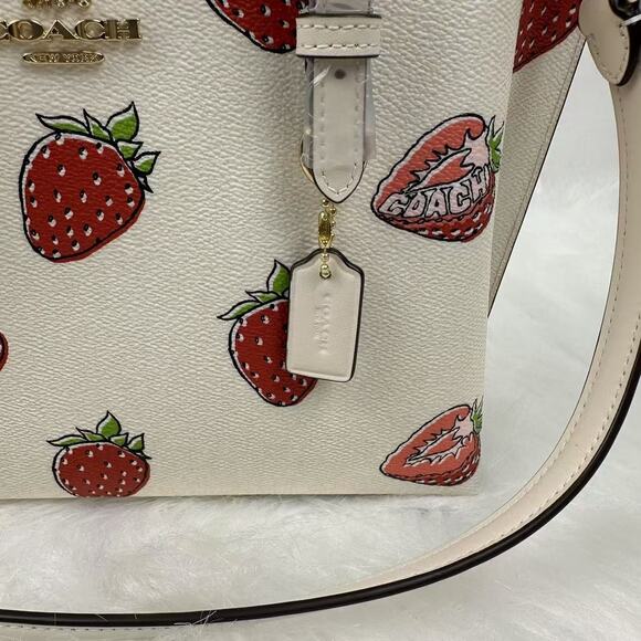 Coach Mollie Tote Bag 25 With Strawberry Print In Canvas/Gold/Chalk CAL66 NWT - Picture 9 of 11
